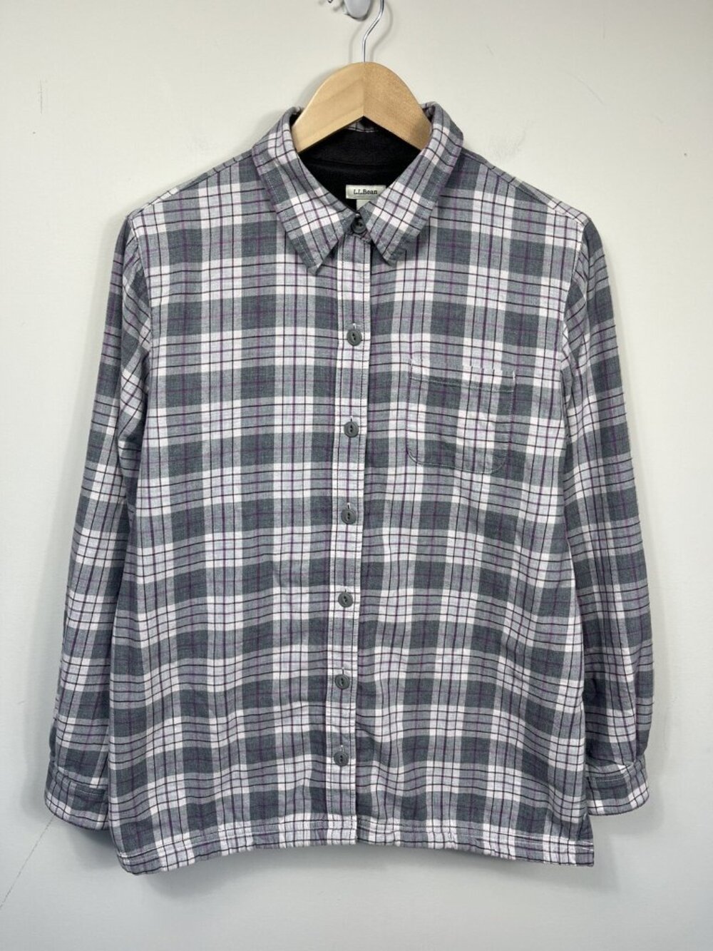 LL Bean Shirt Medium Gray Purple Fleece Lined Fleece Button Up Jacket Shacket
